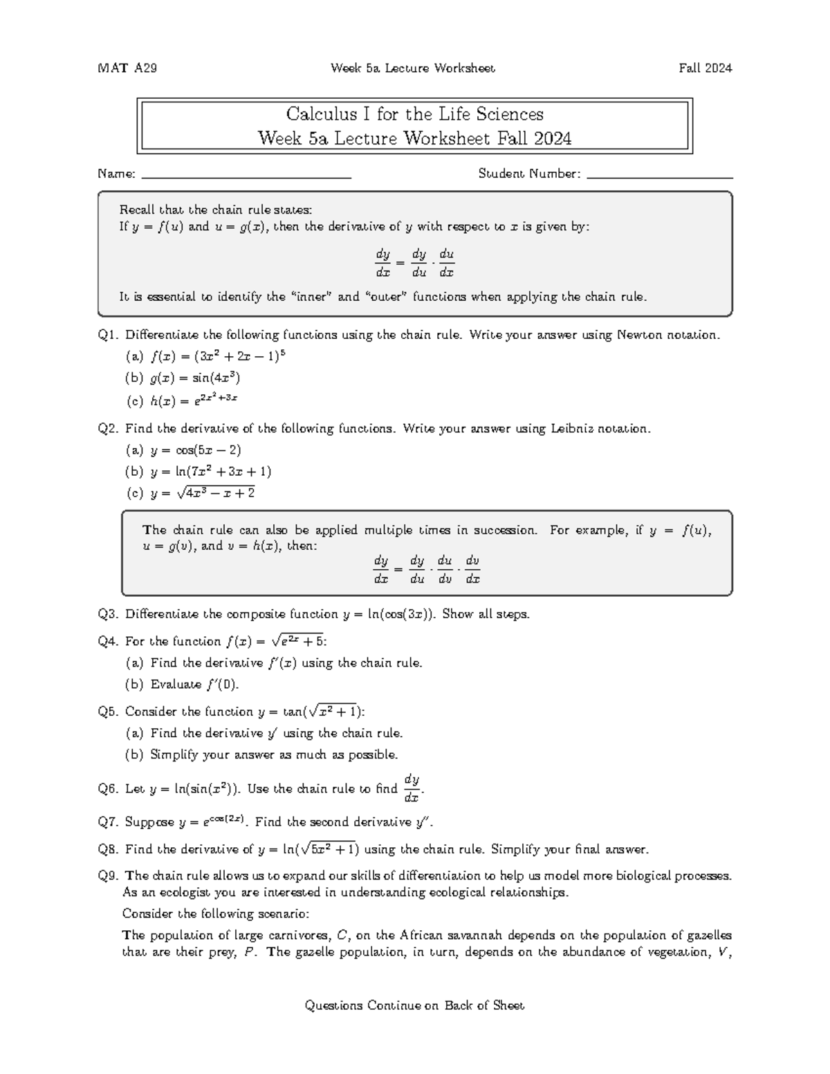 MAT A29 Week 5a Lecture Worksheet: Chain Rule in Calculus I - Studocu