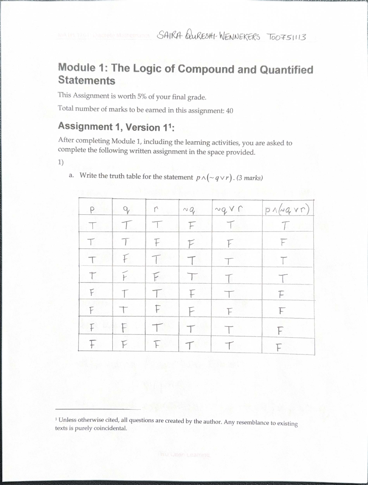 MATH 1701 A1a - Discrete Math Assignment 1: Logic & Statements - Studocu