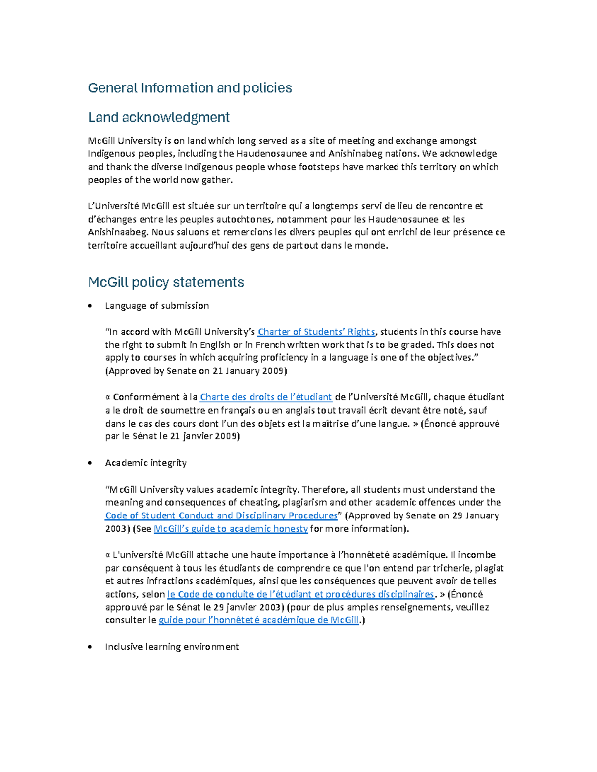 McGill University Policies and Land Acknowledgment (PASL) - Studocu