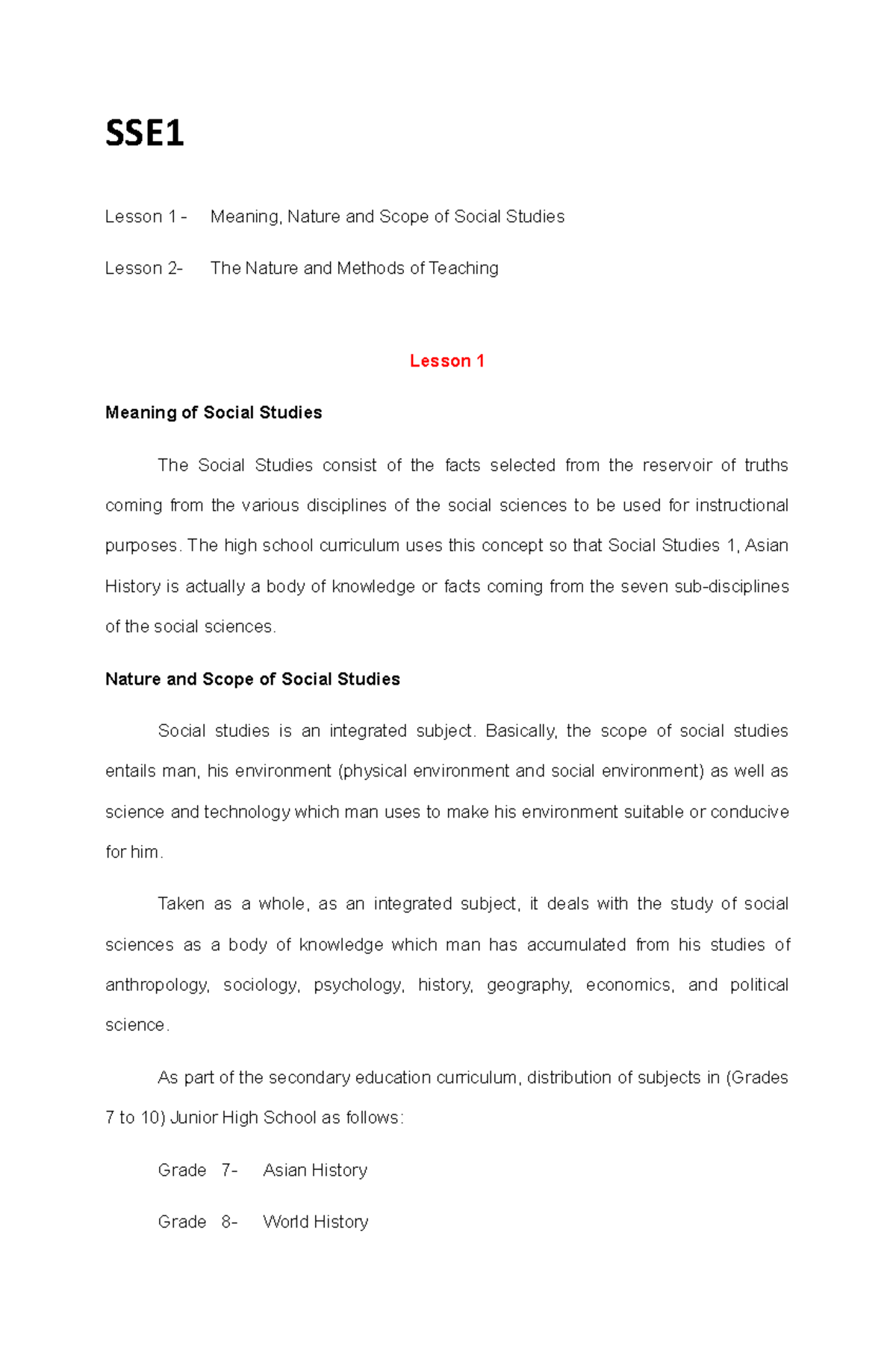 SSE 3 - Comprehensive Education Lesson Notes on Social Studies - Studocu