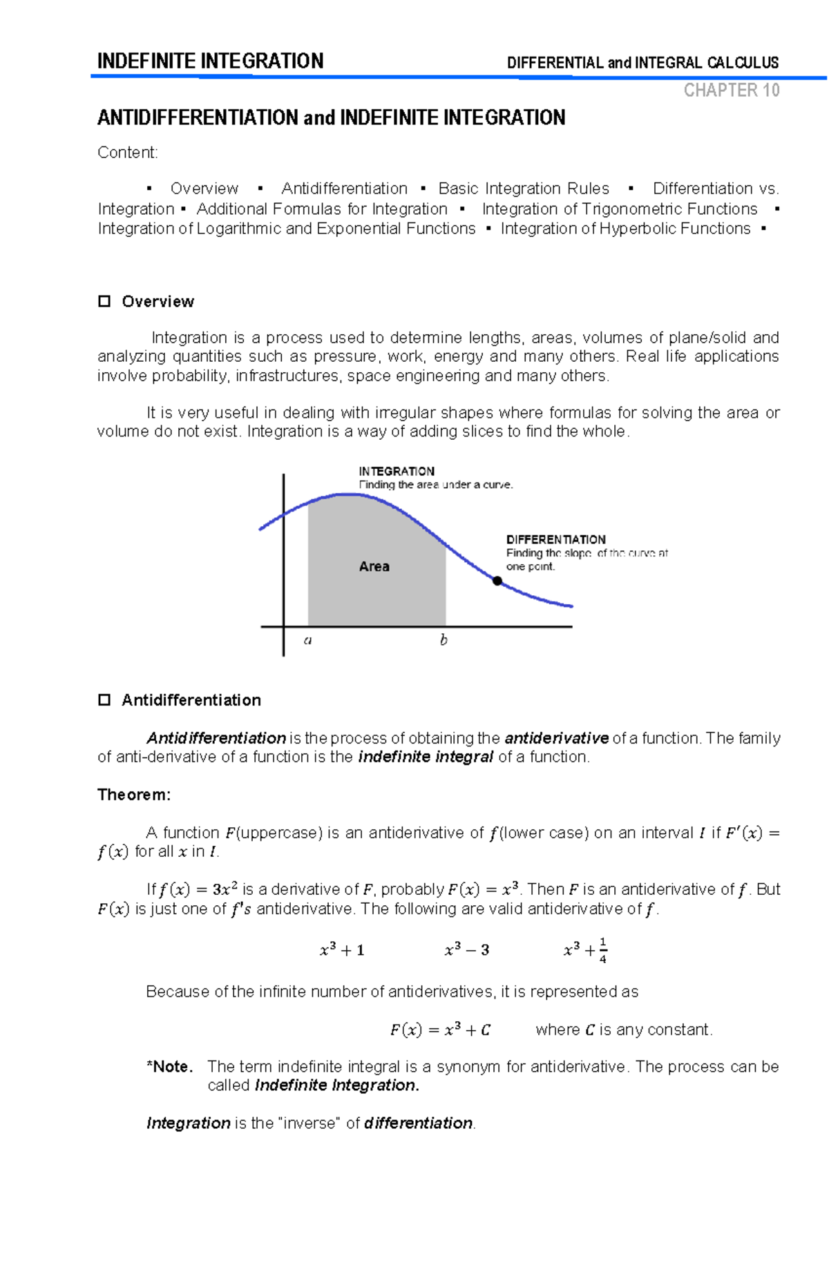 INDEFINITE INTEGRATION: DIFFERENTIAL & INTEGRAL CALCULUS CH. 10 - Studocu