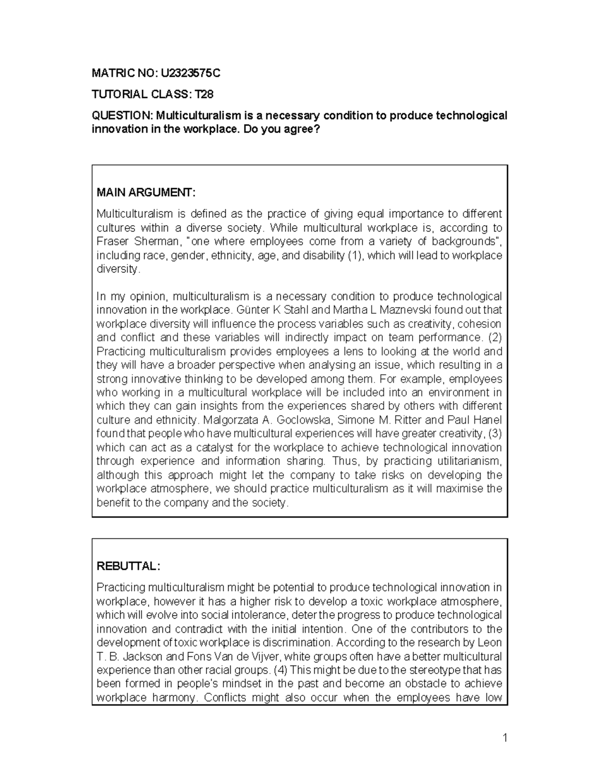 MATRIC NO: U2323575C T28 ARGUMENTATIVE POSTER ON Multiculturalism ...