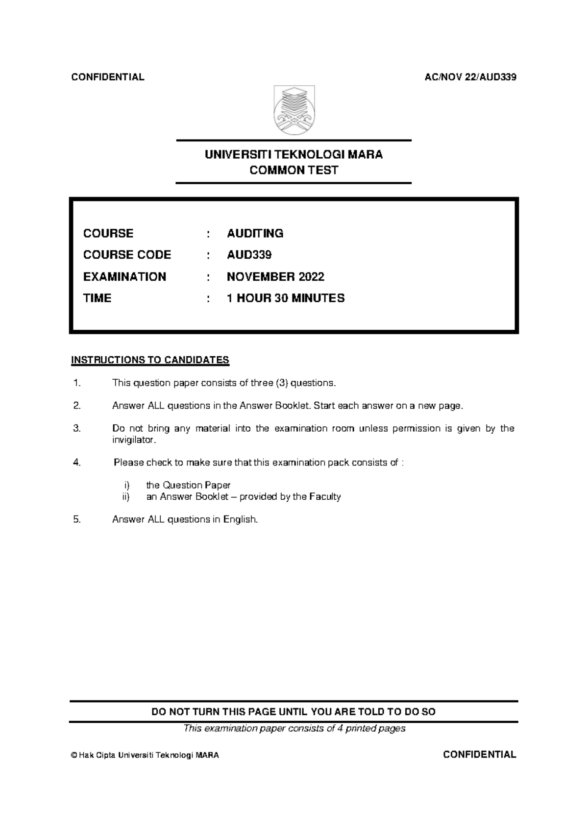 AUDITING COMMON TEST AUD339 NOV 2022 QUESTIONS & INSTRUCTIONS - Studocu
