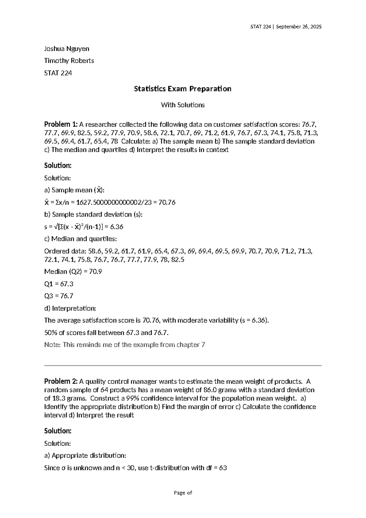 STAT 224 Statistics Exam Prep Solutions - September 2025 - Studocu