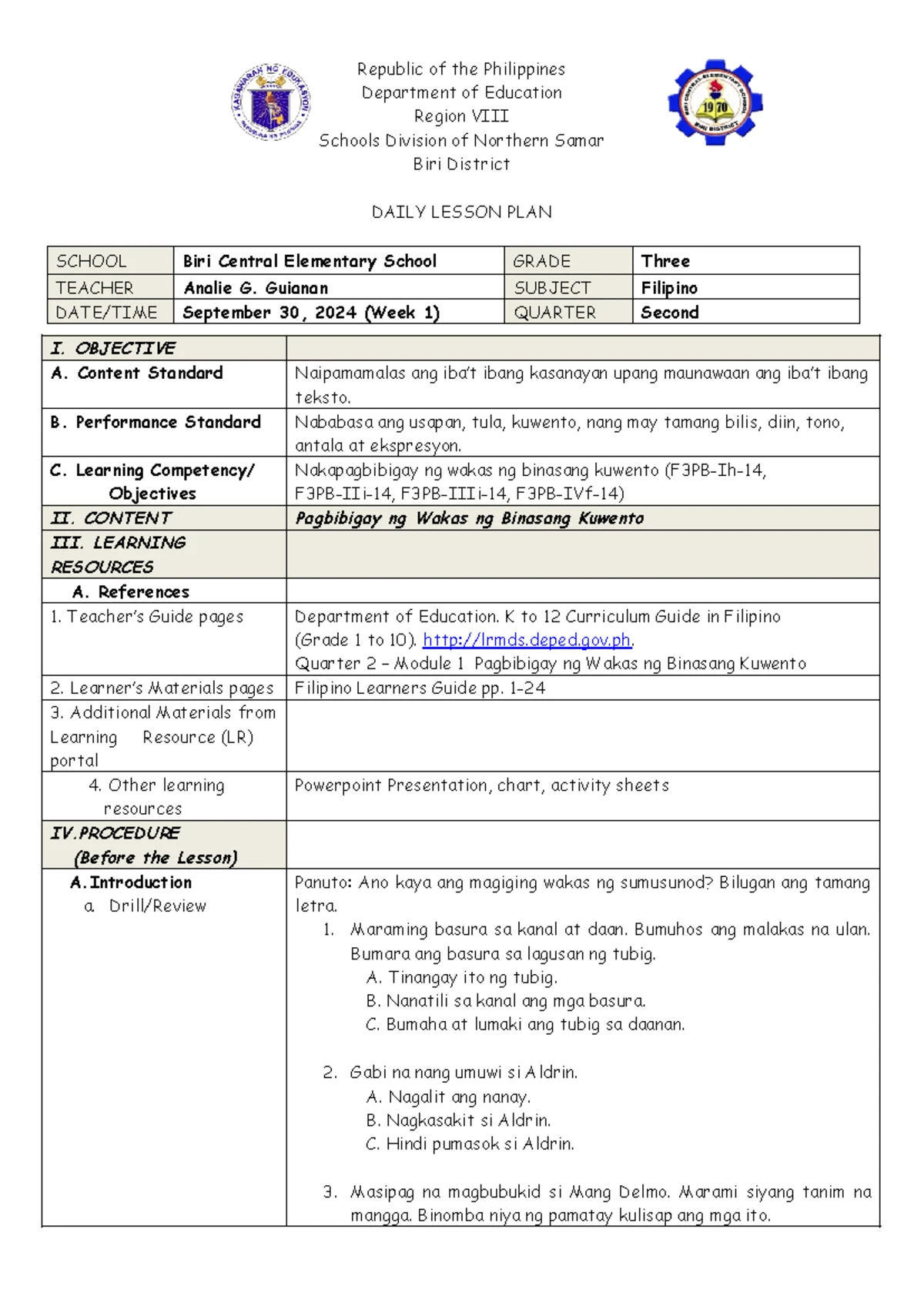Q1 - Filipino 3 Lesson Plan: Salitang Kilos (Week 2) - Studocu