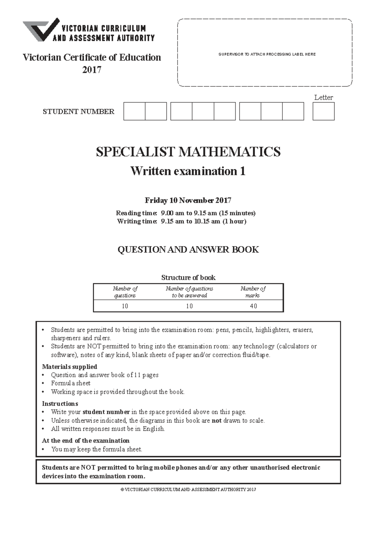 2017 VCE Specialist Mathematics Exam 1 - Question & Answer Book - Studocu