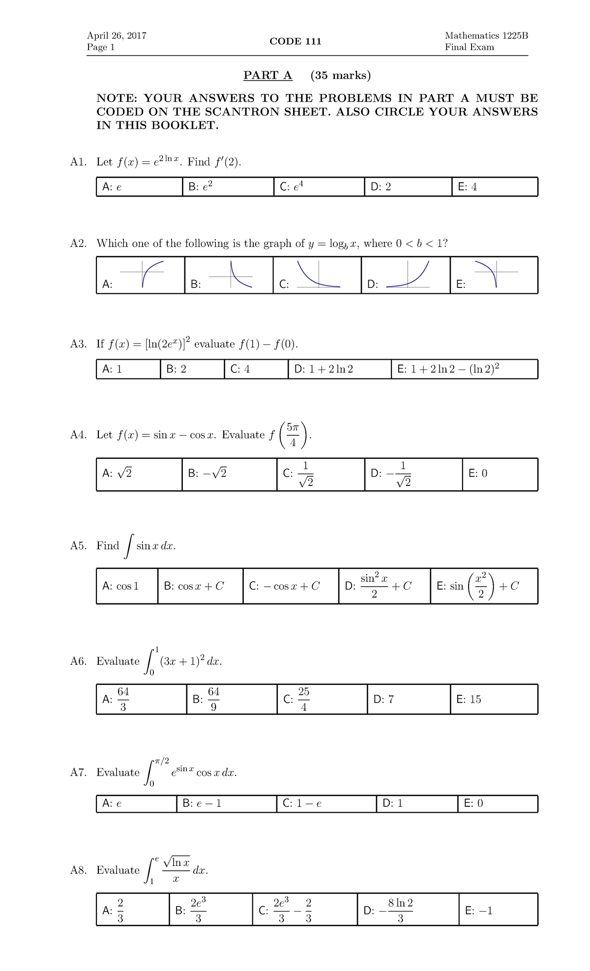 Final Exam Study Guide for Mathematics 1225B (April 26, 2017) - Studocu