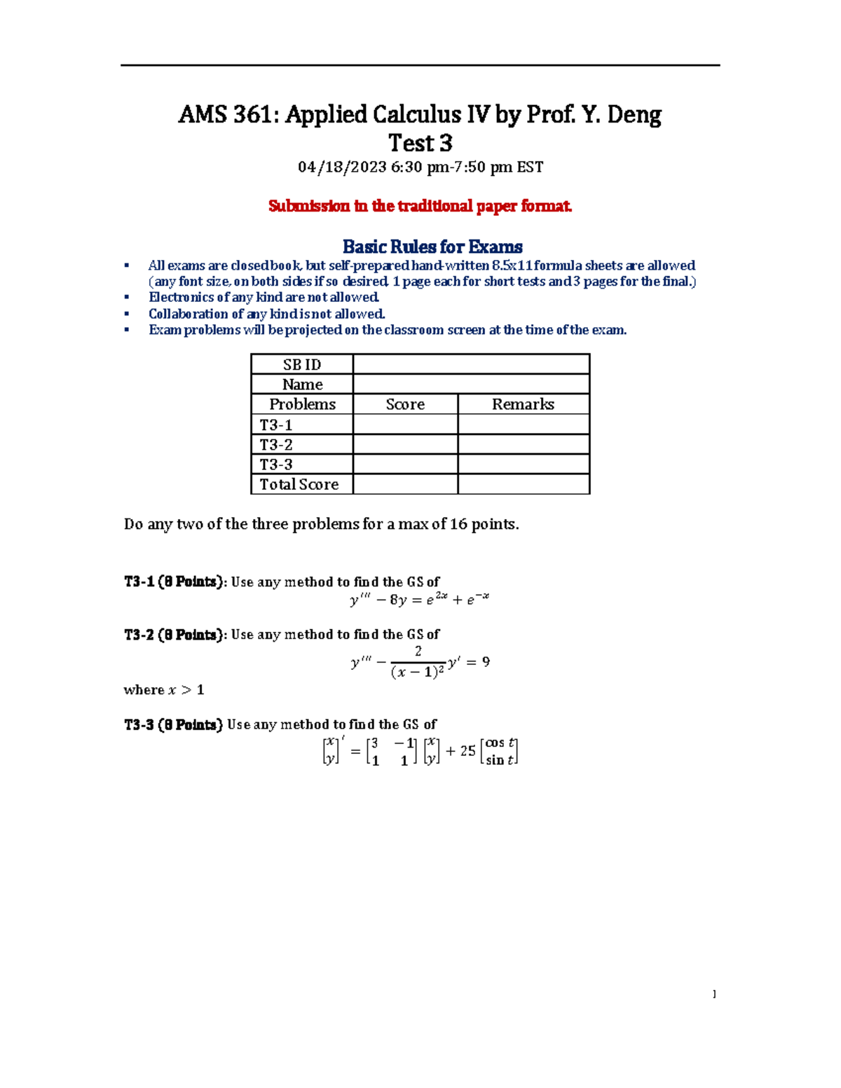 AMS 361 Test 3 Solutions - Applied Calculus IV (Spring 2023) - Studocu