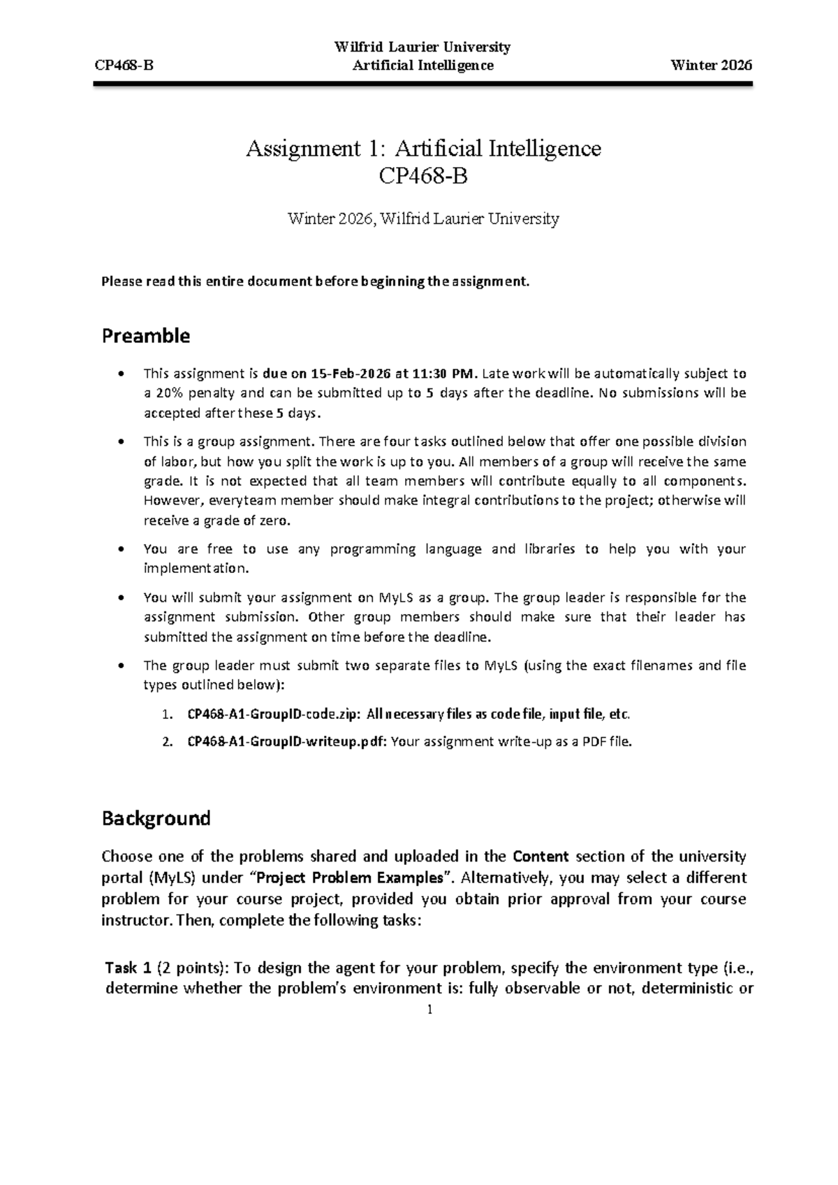 CP468 Winter 2026 AI Assignment 1 Guidelines and Tasks - Studocu