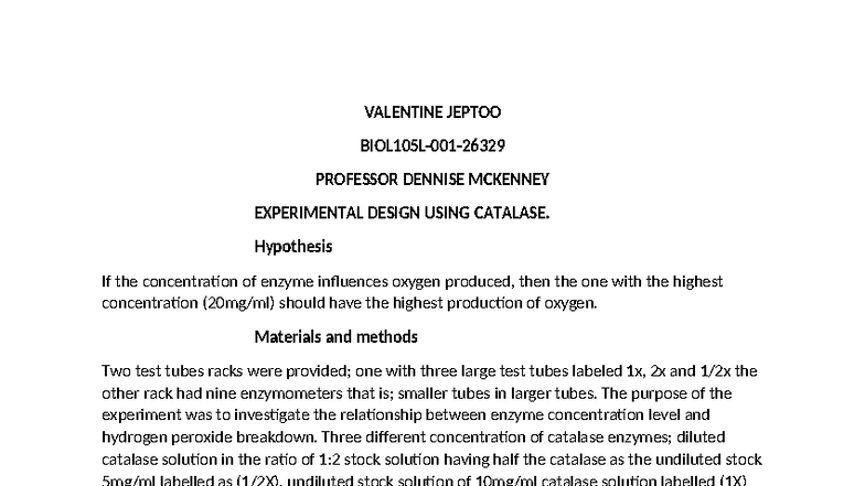 LAB 101: Catalase Experiment on Enzyme Concentration Effects - Studocu