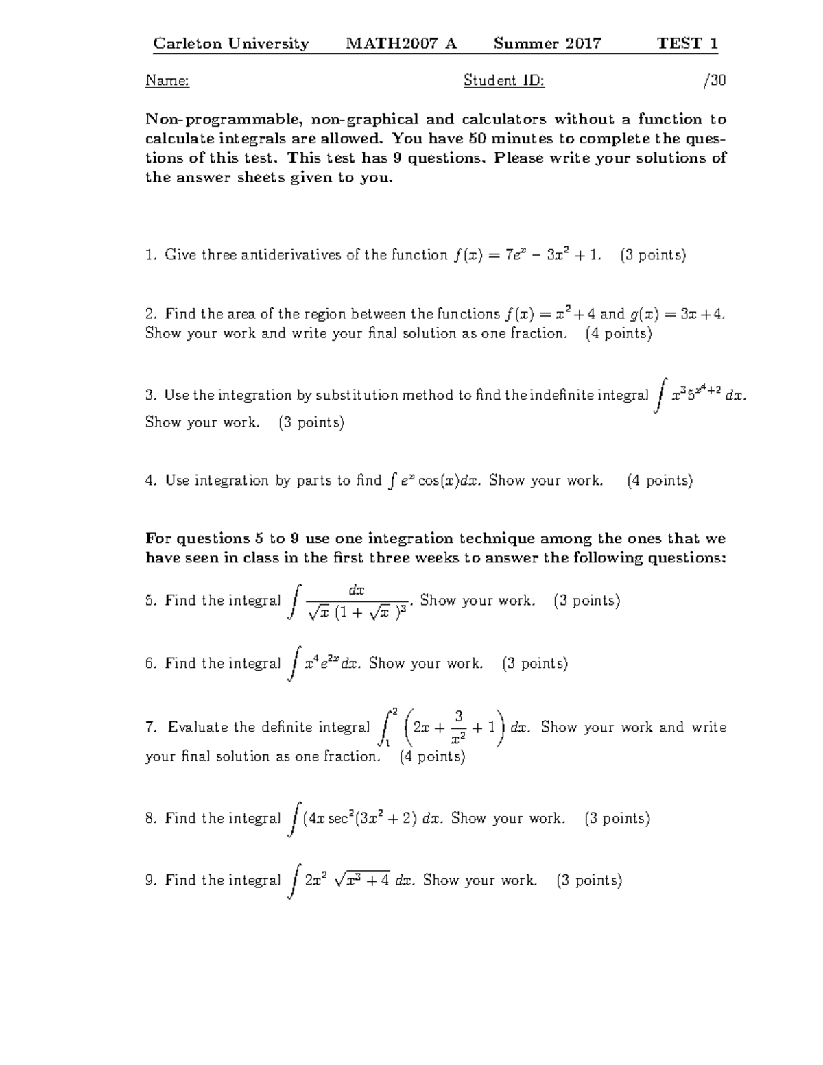 Exam 2019, answers - Carleton University MATH2007 A Summer 2017 TEST 1 ...