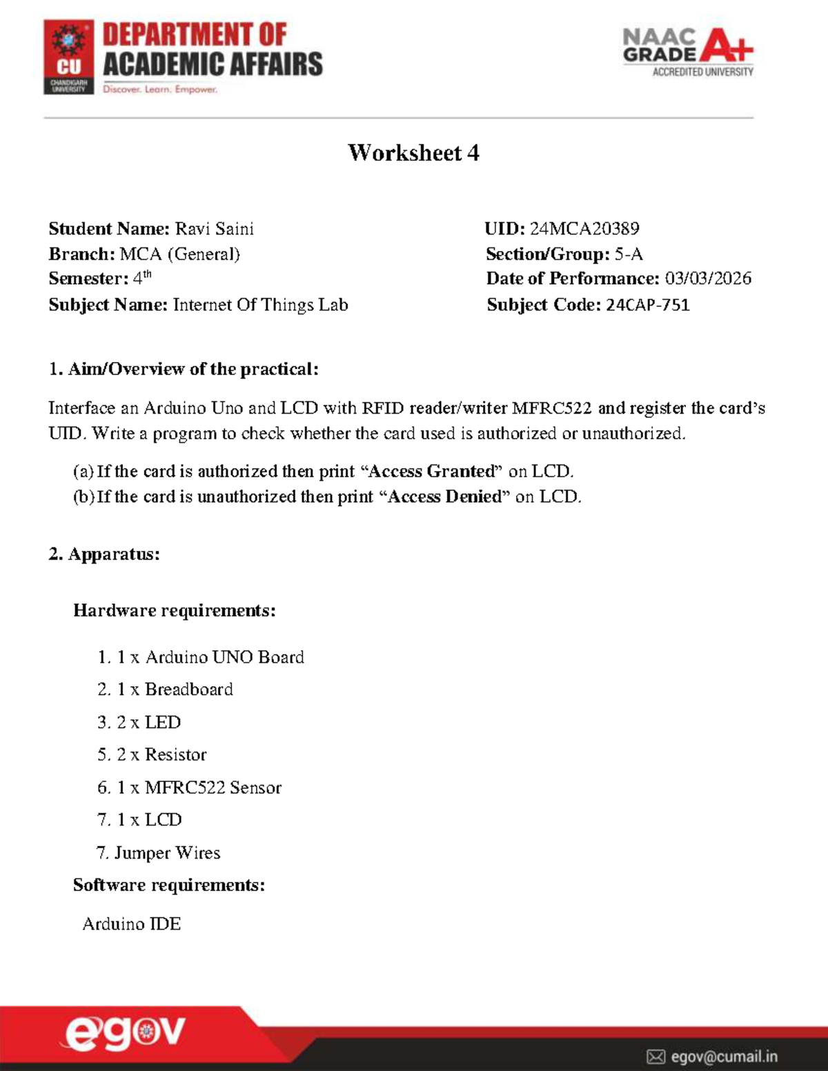 IOT Lab Worksheet 4: Arduino Uno & RFID Integration - Studocu