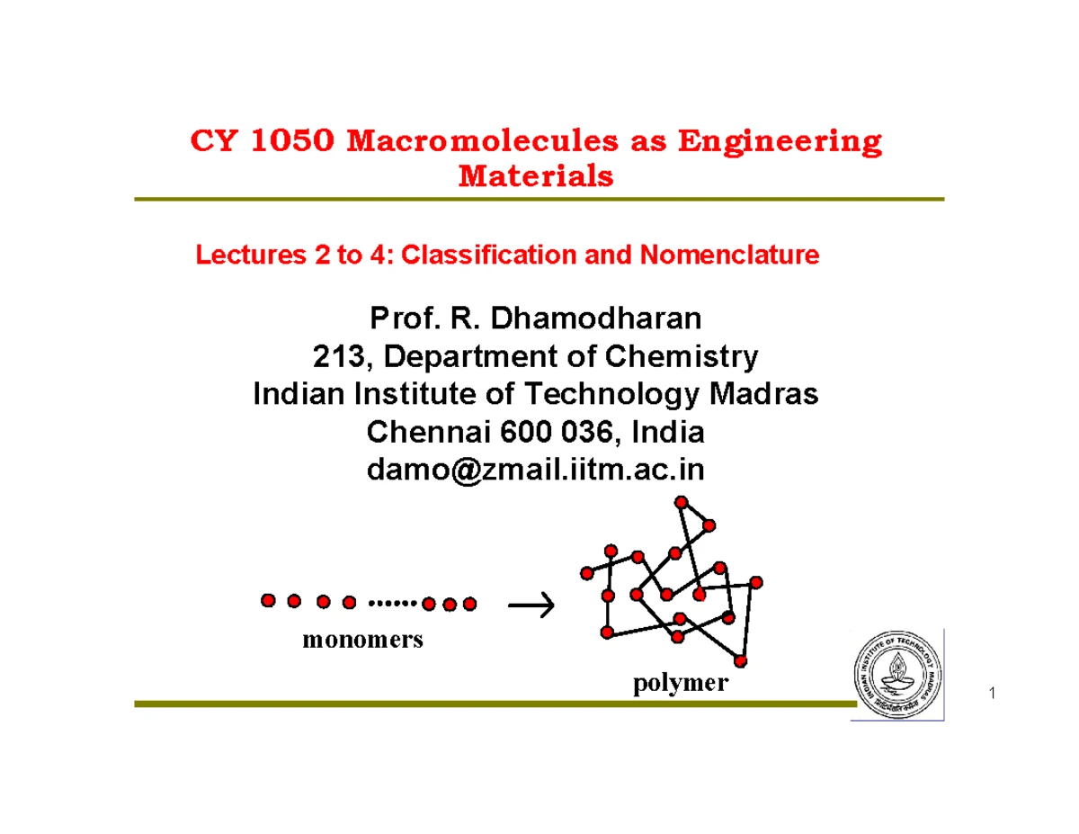 CY 1050 Macromolecules as Engg. Materials L8: Conformational Isomerism ...