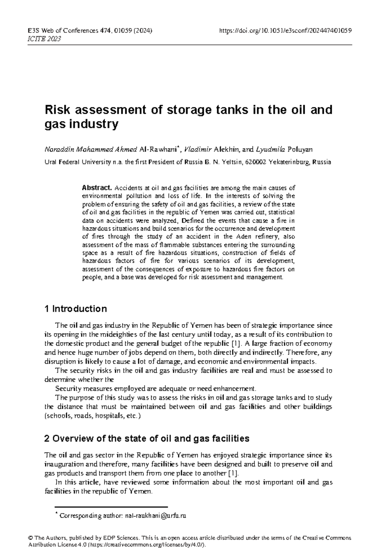 Risk Assessment of Oil & Gas Storage Tanks: ICITE 2023 E3S 474, 01059 ...
