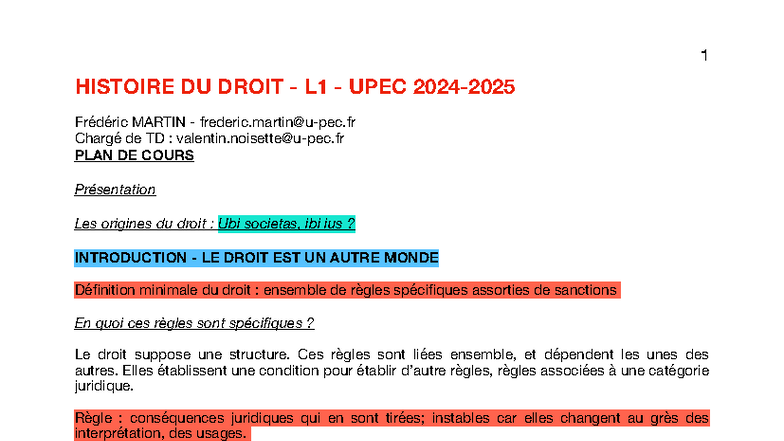 CM Histoire du Droit L1 UPEC - Plan de Cours et Concepts Fondamentaux ...