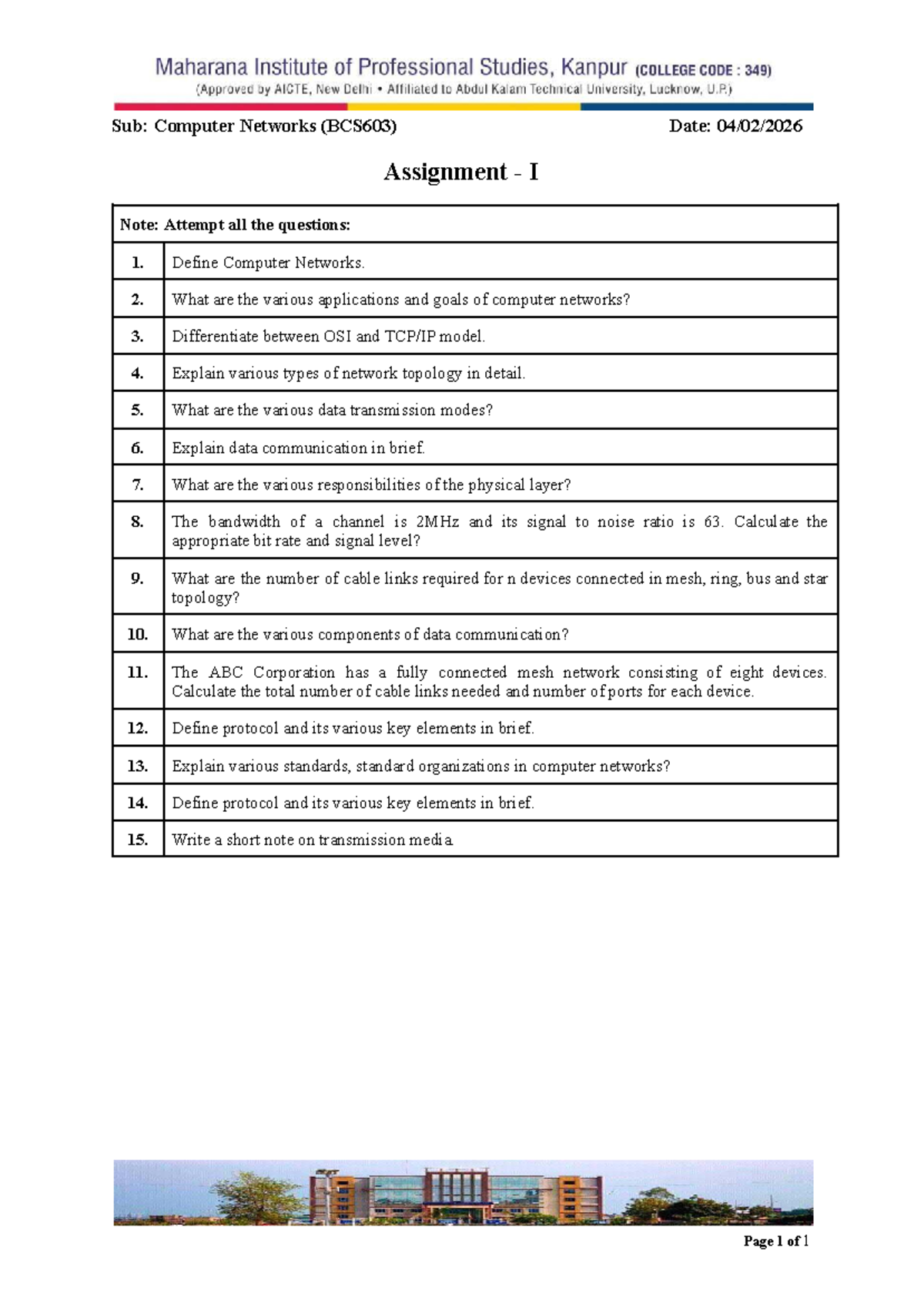 BCS603 Assignment I: Overview of Computer Networks and Key Concepts ...