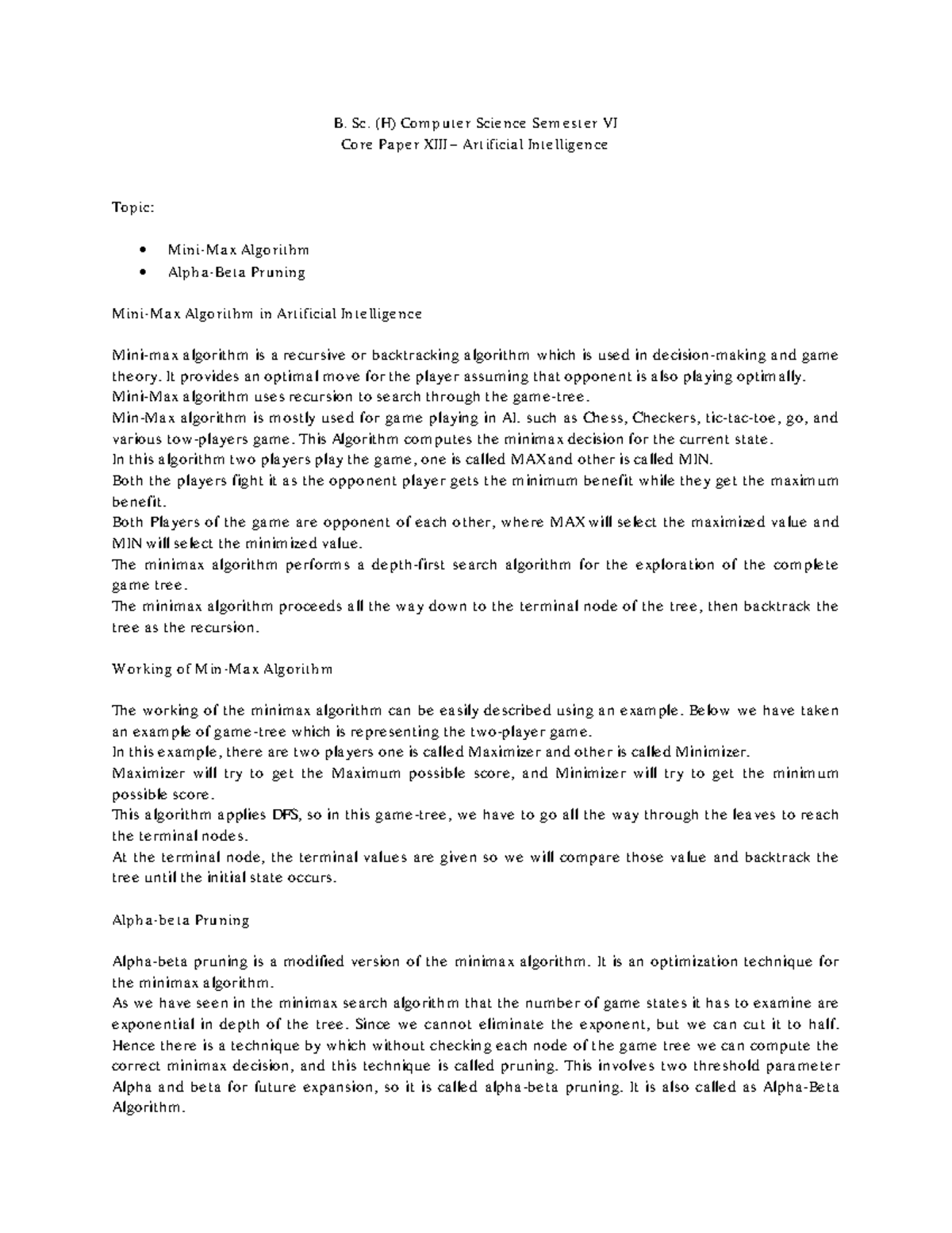 B. Sc. (H) CS Sem VI: Minimax & Pruning in AI - Notes - Studocu