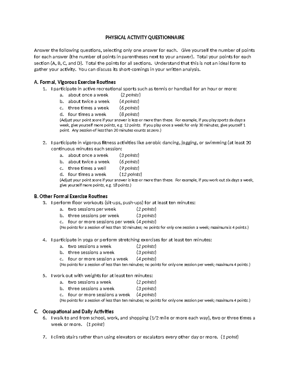 PHYS 101: Physical Activity & Exercise Questionnaire Guide - Studocu