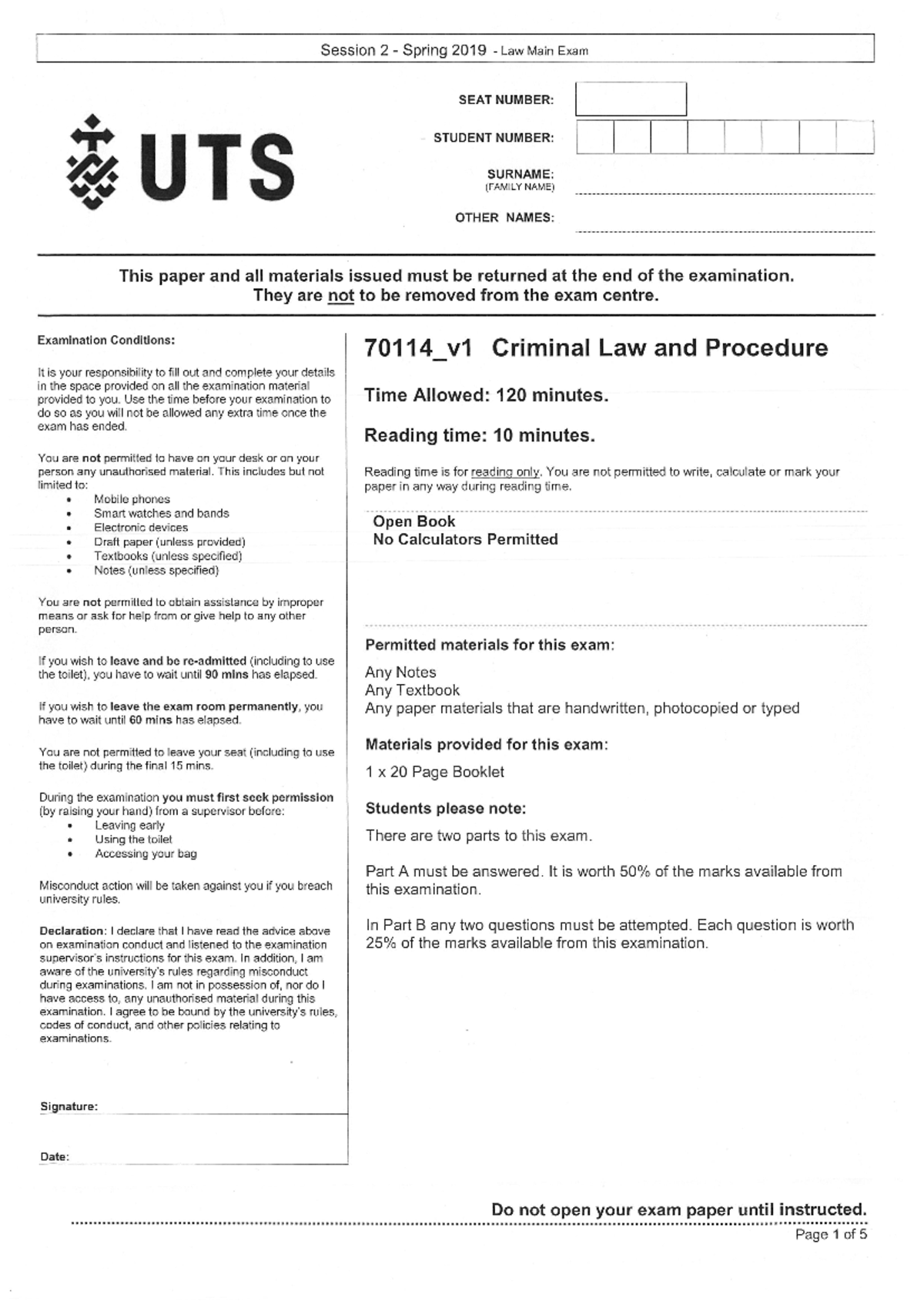 70114 - Spring 2019 Criminal Law Main Exam Instructions and Questions ...