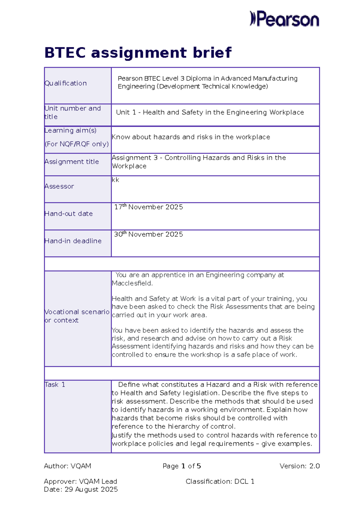 BTEC Level 3 Unit 1 Assignment 3: Health & Safety Risk Assessment - Studocu