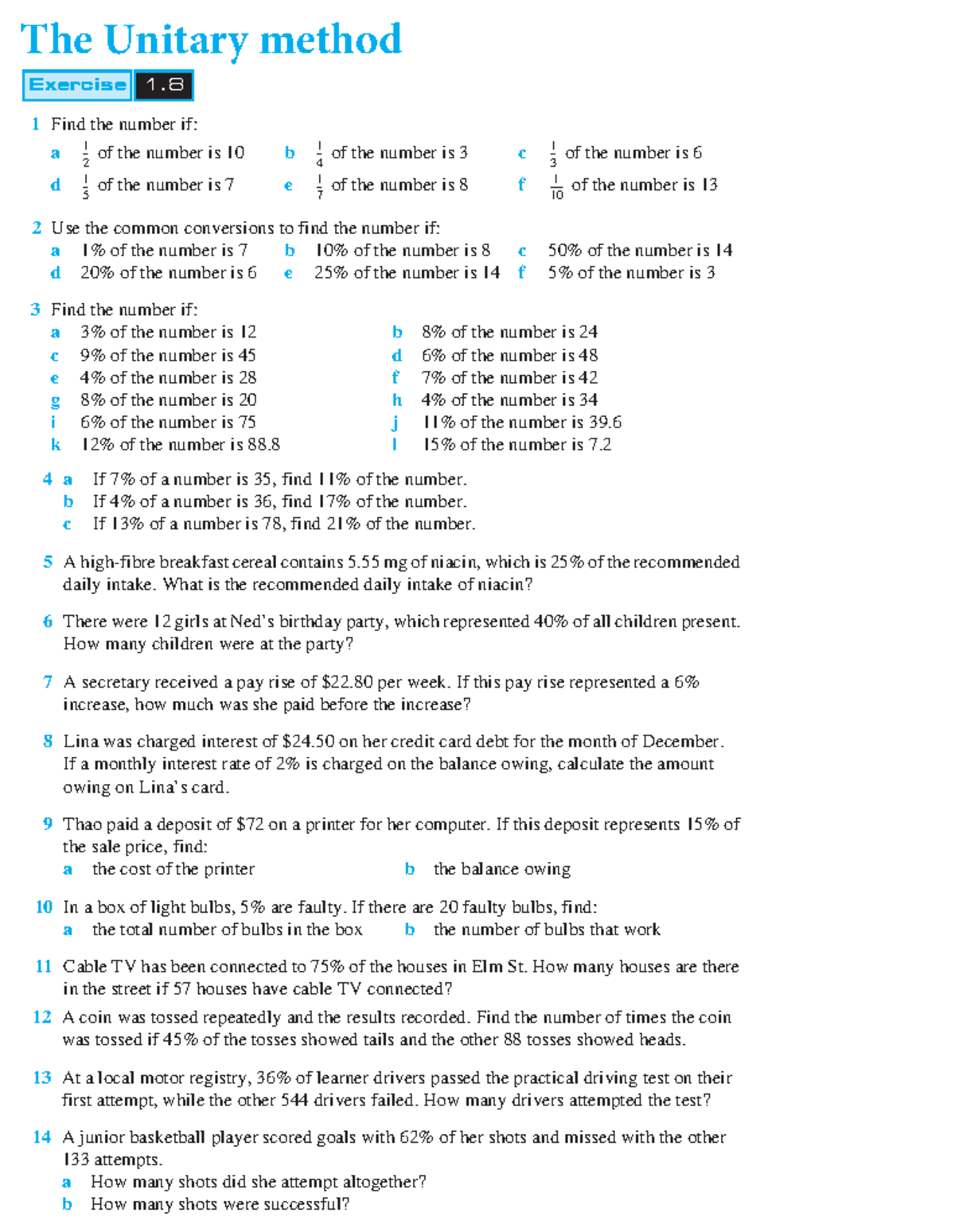 MS 8 Unitary Method Exercise 1.8: Percentages and Problem Solving - Studocu