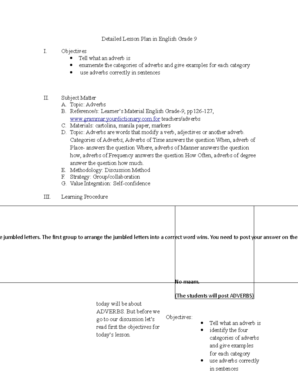 Detailed Lesson Plan: Adverbs in English Grade 9 - Studocu