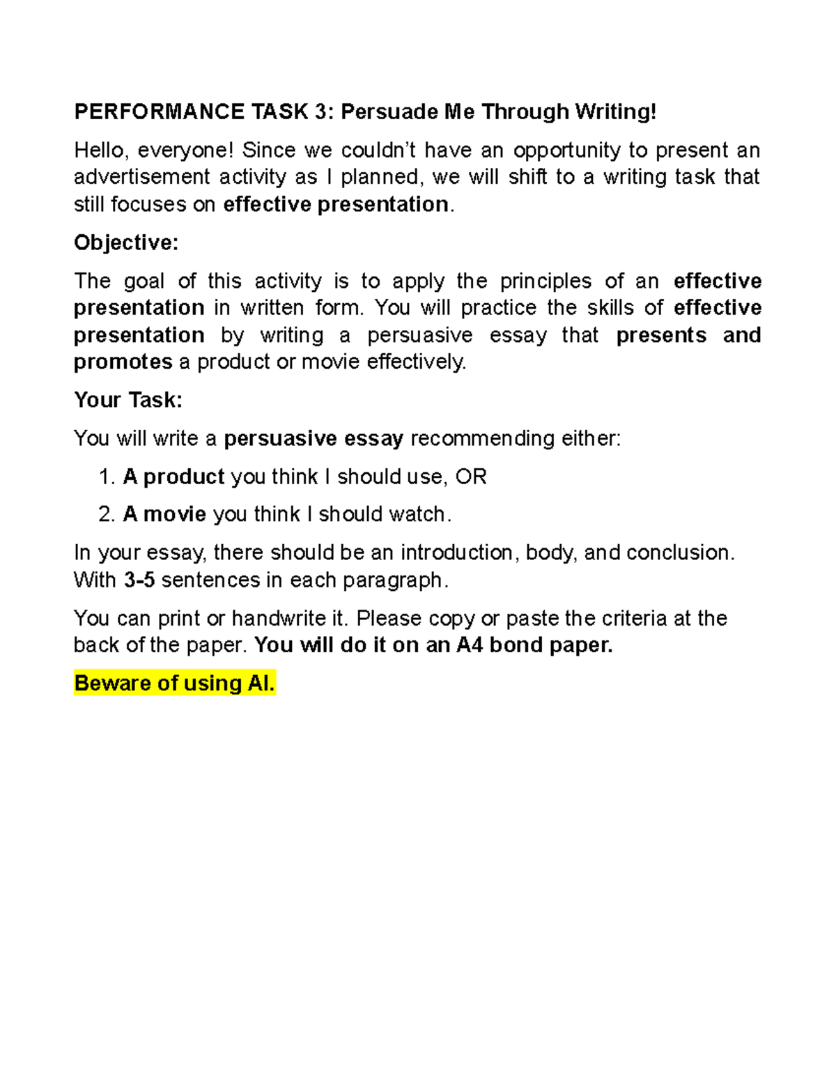Performance TASK 3 - zdjvs jkvz jfd - PERFORMANCE TASK 3: Persuade Me ...