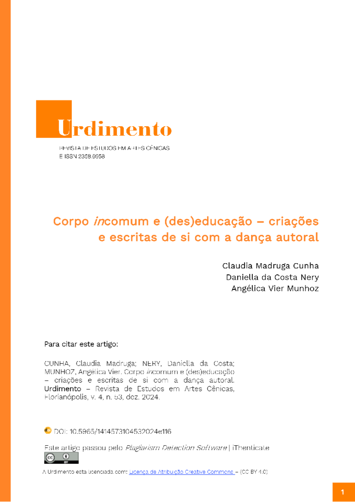 Corpo Incomum e (Des)Educação: Criações e Escritas na Dança Autorais ...