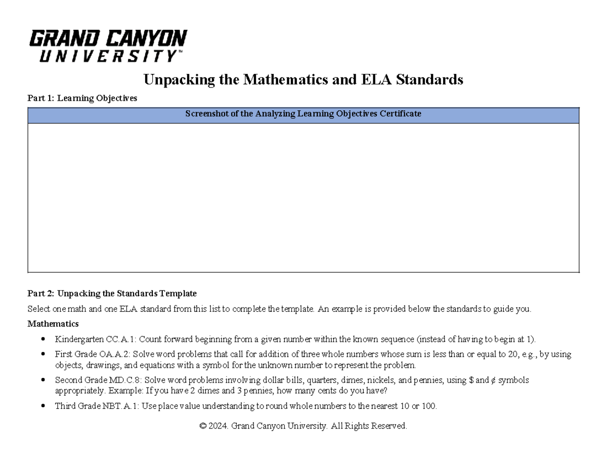 ELM 211 T2 Unpacking Math & ELA Standards: Learning Objectives Guide ...