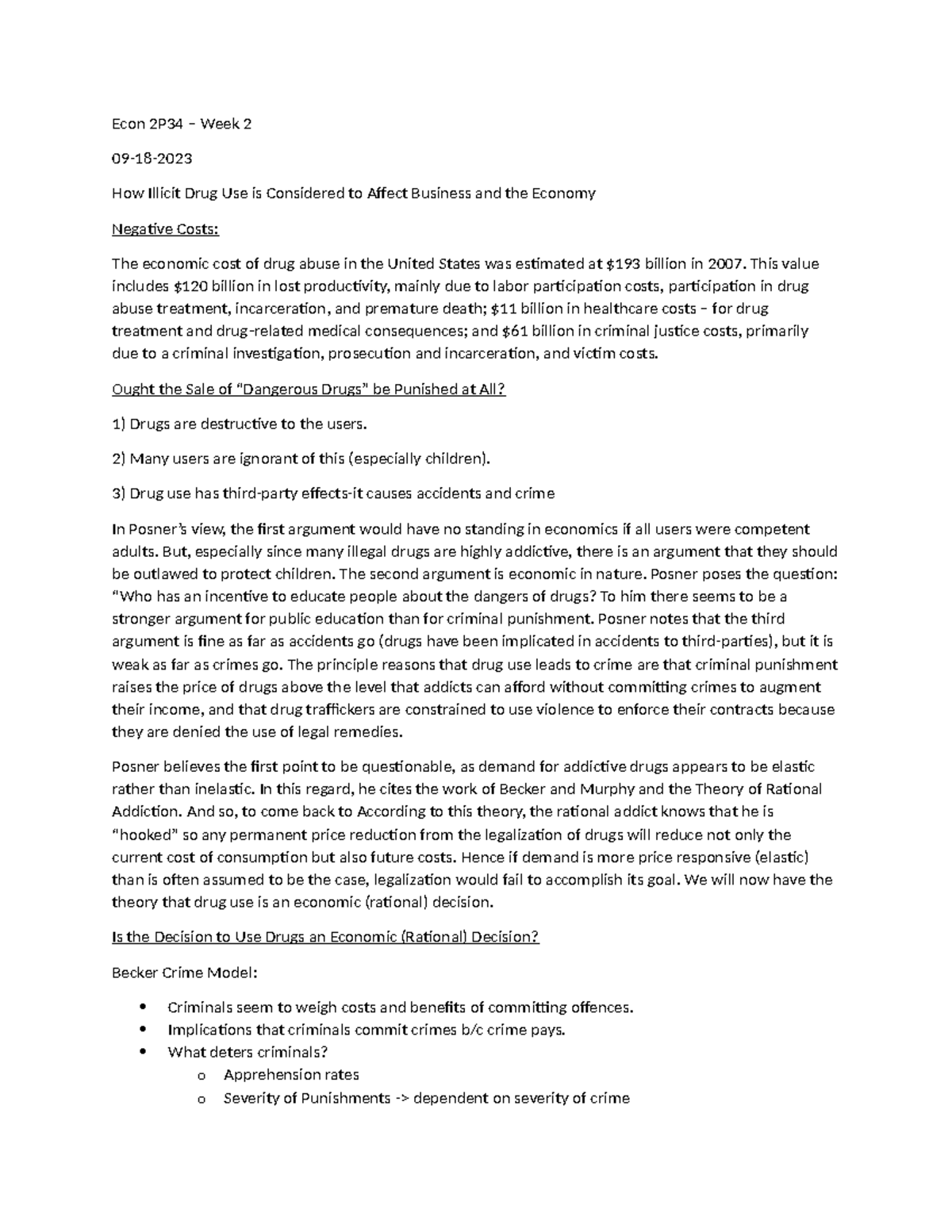 Week 2 Rational Notes - Econ 2P34 – Week 2 09-18- How Illicit Drug Use ...