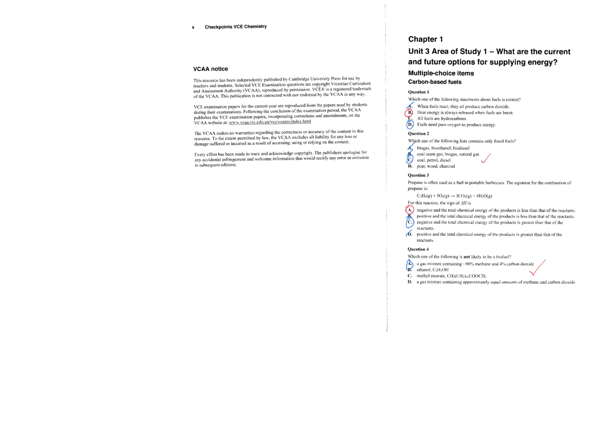 Checkpoints VCE Chemistry Unit 3 AOS 1 Questions 2024 - Studocu