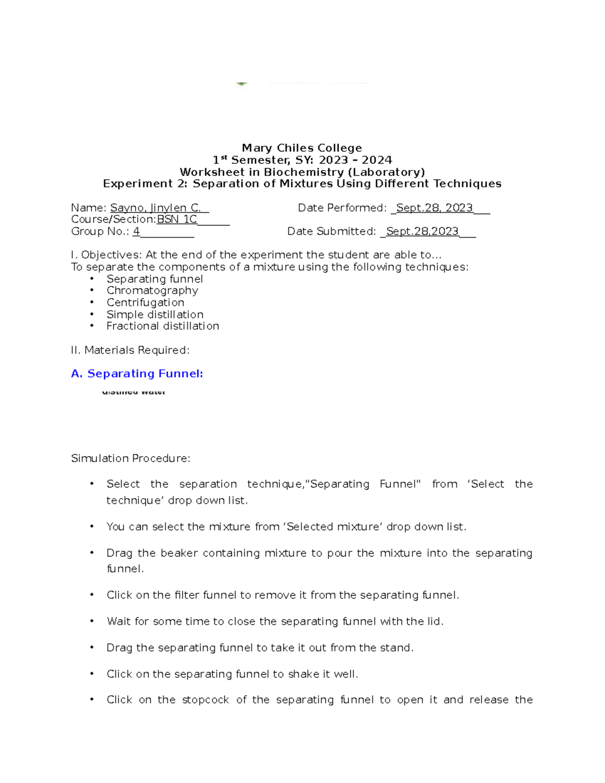 Biochemistry Lab Worksheet (Experiment 2): Separation Techniques - Studocu