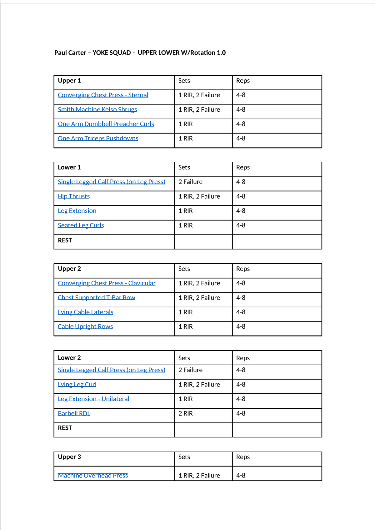 Paul Carter YOKE SQUAD UPPER LOWER 1.0 & 2.0 Workout Plans - Studocu
