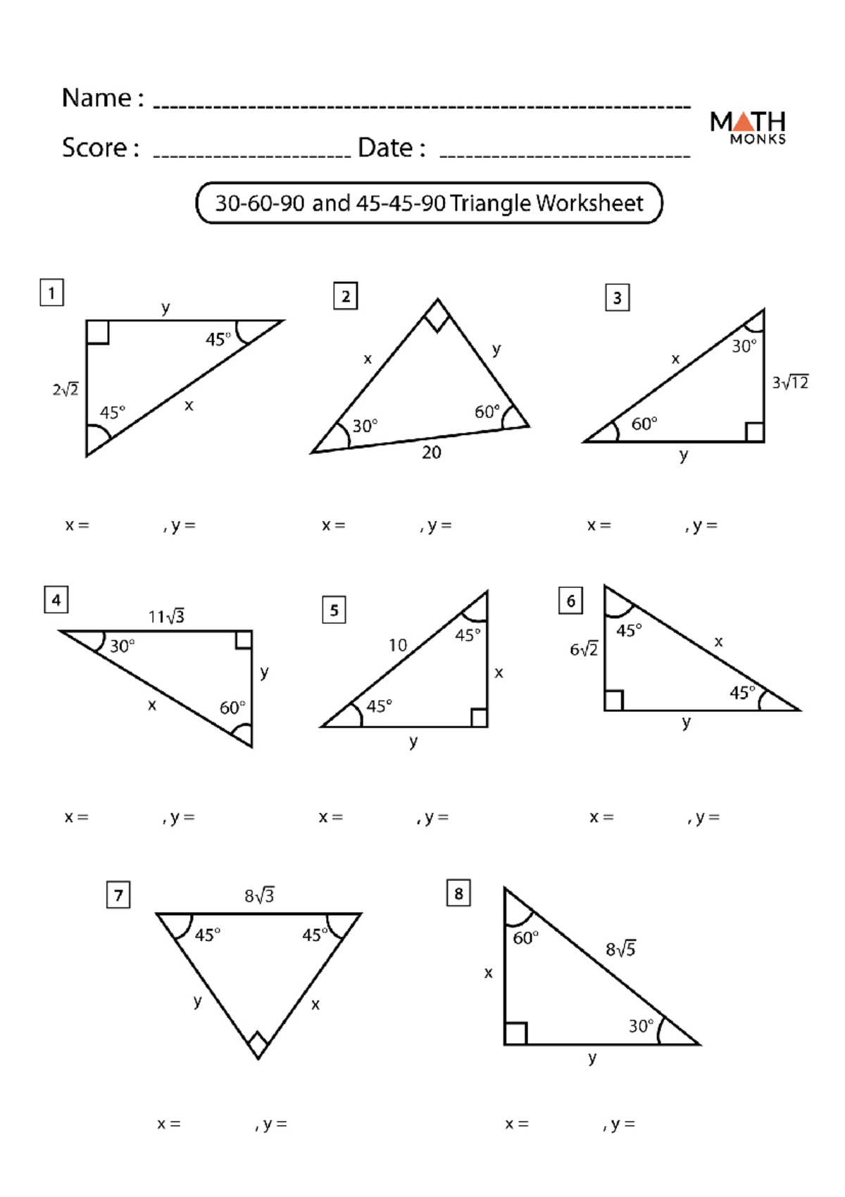 45-45-90 and 30-60-90 Triangle Worksheet for Geometry Studies - Studocu