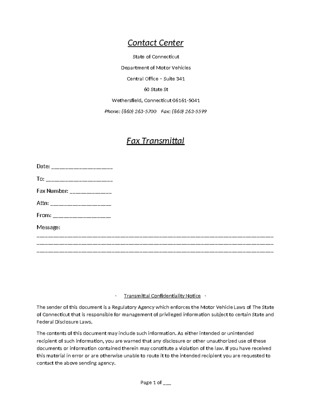 Connecticut DMV Fax Transmittal Cover Sheet - Confidential Notice - Studocu