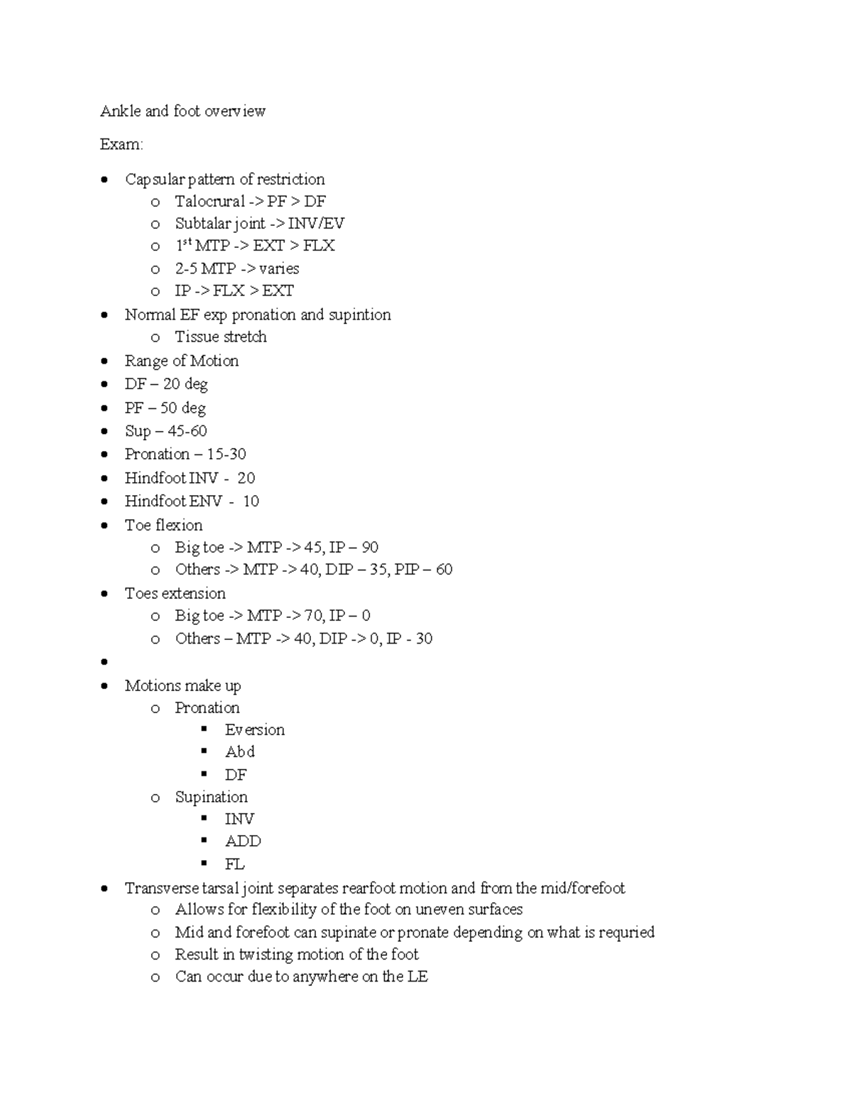 Ankle and Foot Overview Exam: Capsular Patterns and Motion Analysis ...