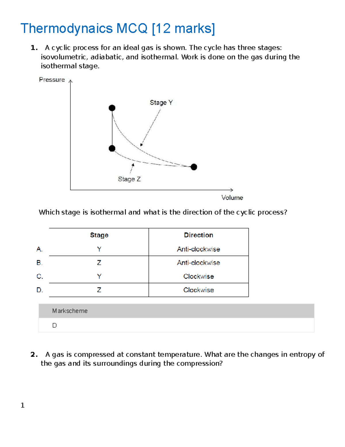 Thermodynamics MCQ Practice - Ideal Gas Cycles and Entropy - Studocu