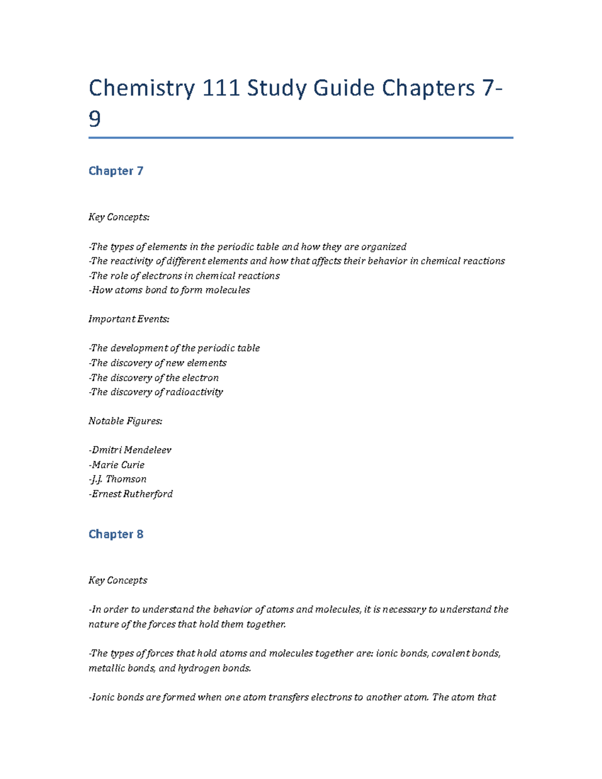 Chemistry 111 Study Guide: Key Concepts in Chapters 7-9 - Studocu