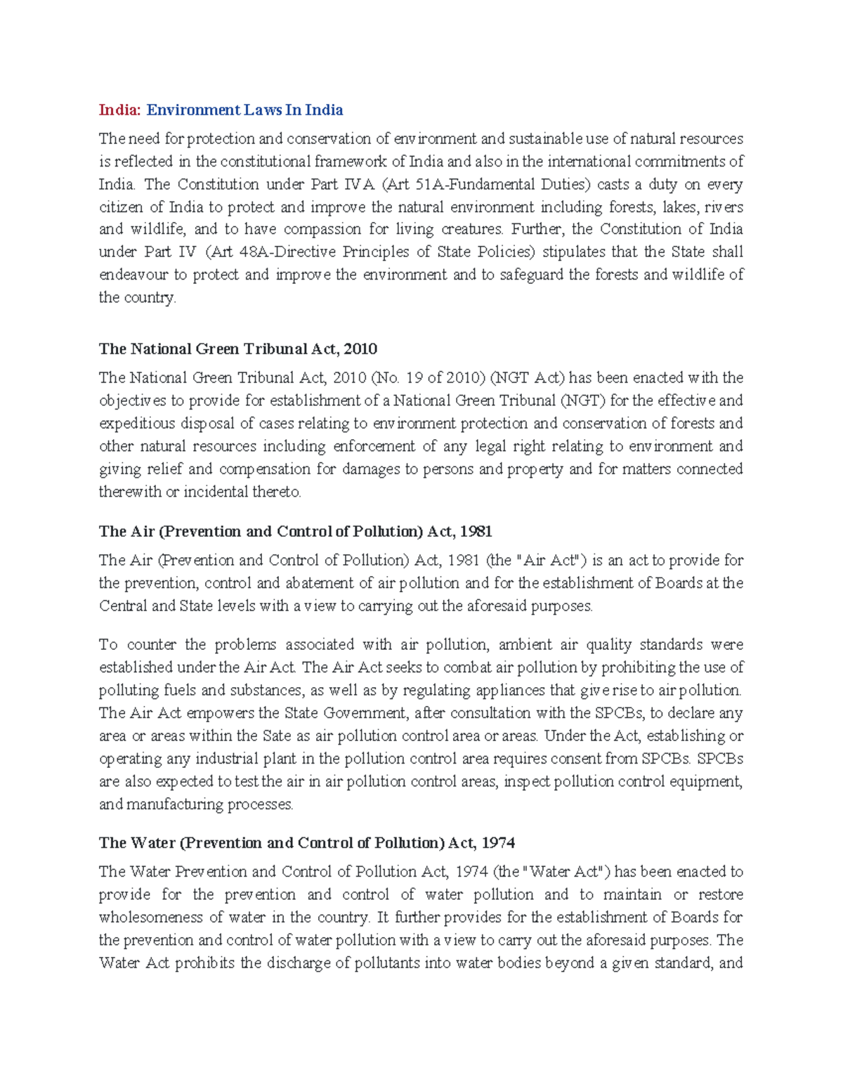 India: Environmental Laws and Conservation Framework Overview - Studocu