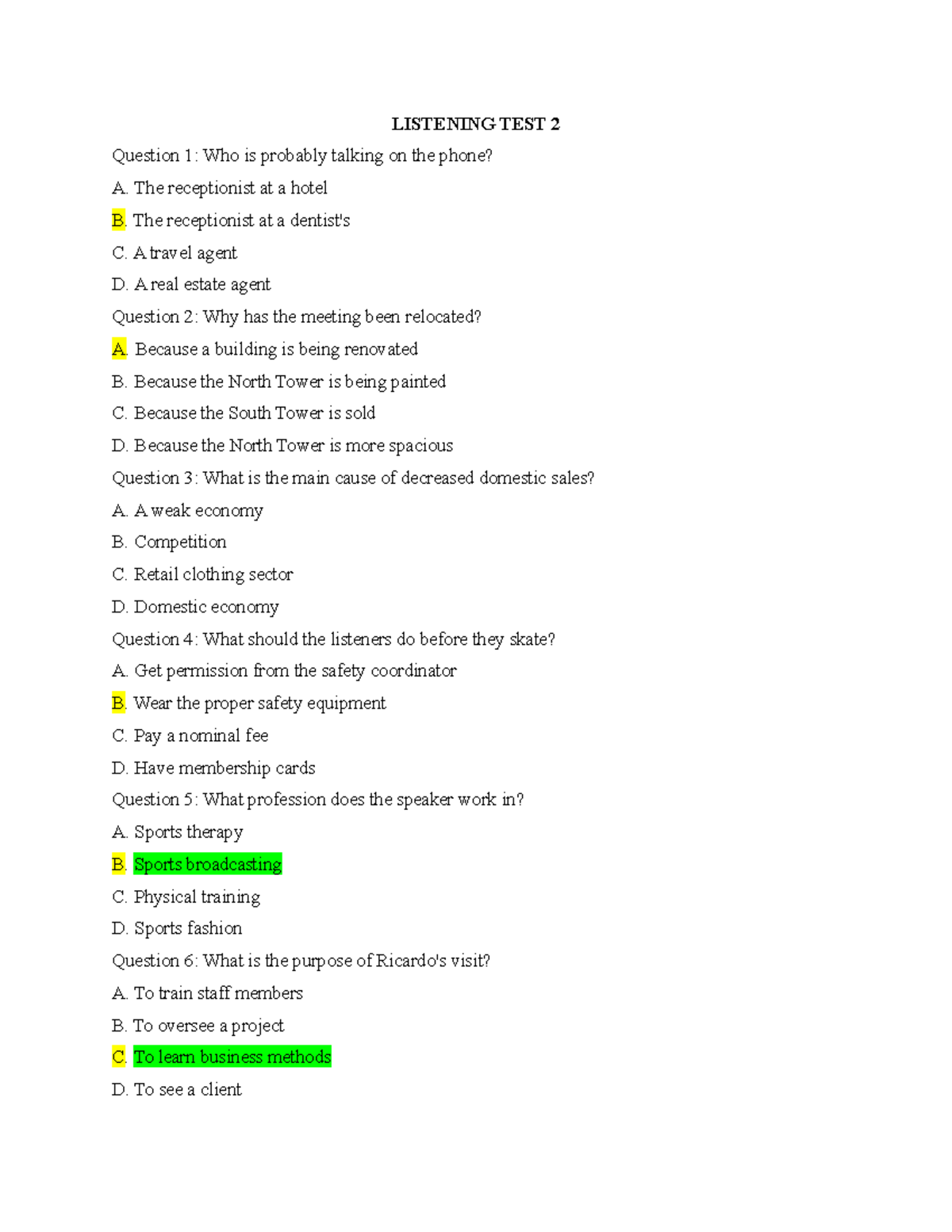 LISTENING TEST 2: Questions and Answers for Practice - Studocu