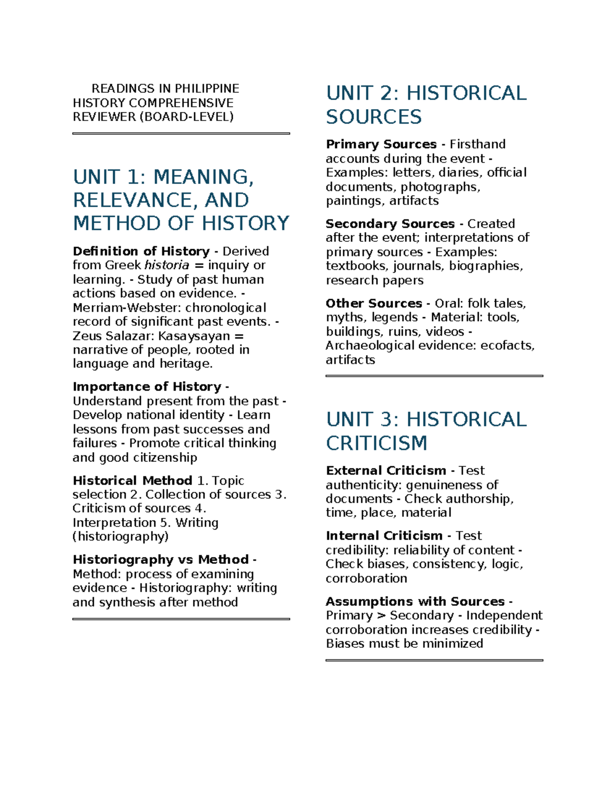 PHILIPPINE HISTORY REVIEWER (HIST 101): COMPREHENSIVE UNIT 1-7 - Studocu