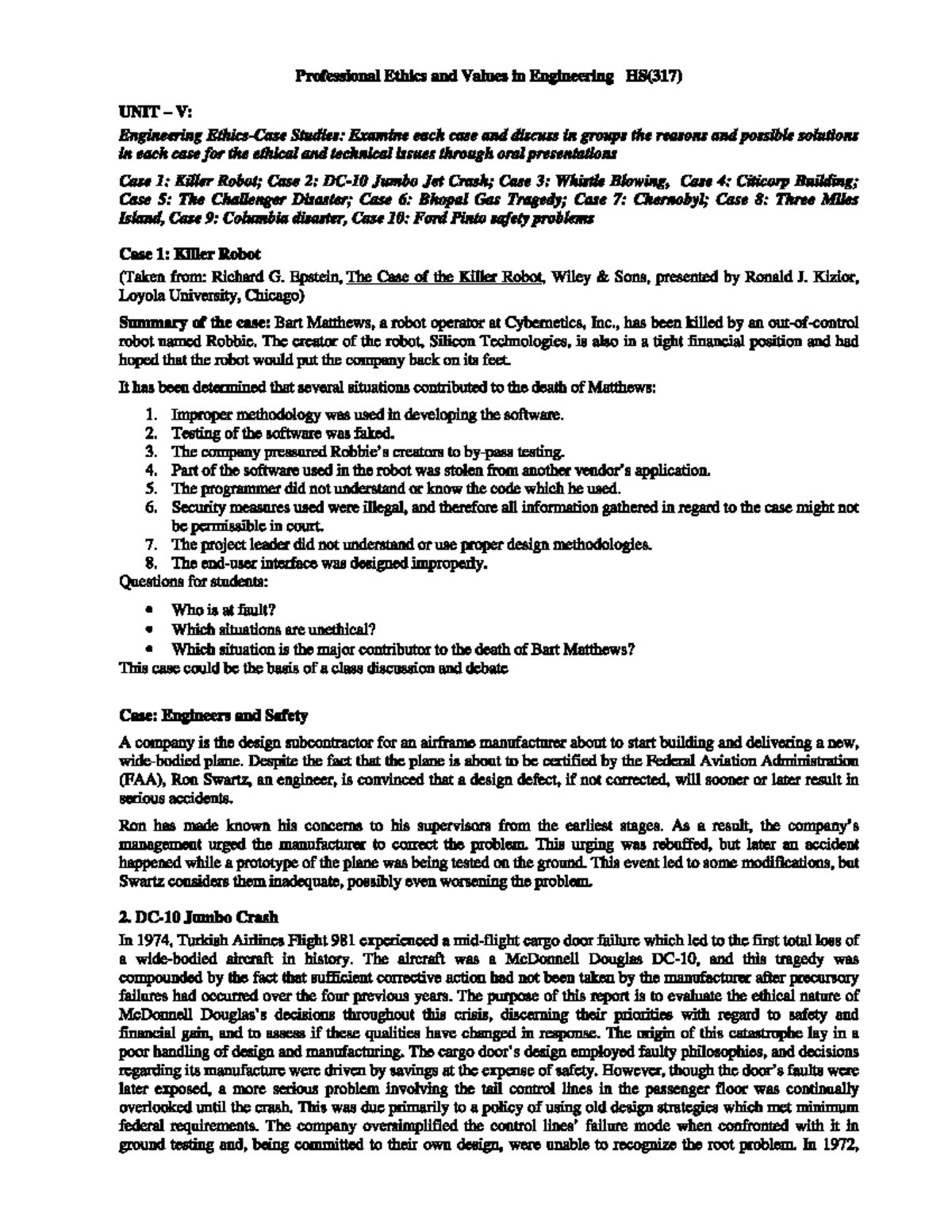 Professional Ethics in Engineering HS(317) - Unit V Case Studies ...