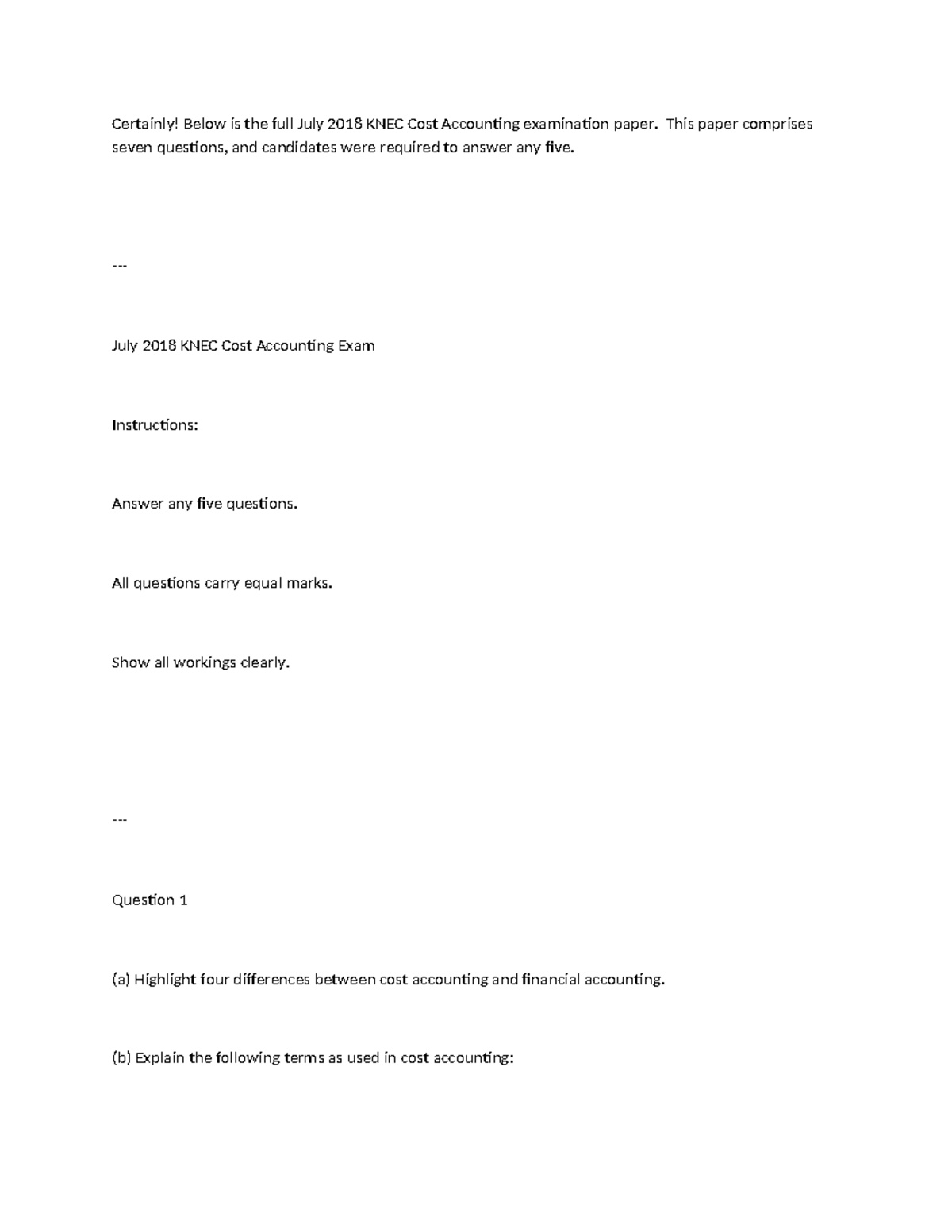 KNEC Cost Accounting July 2018 Exam Paper: Questions & Solutions - Studocu