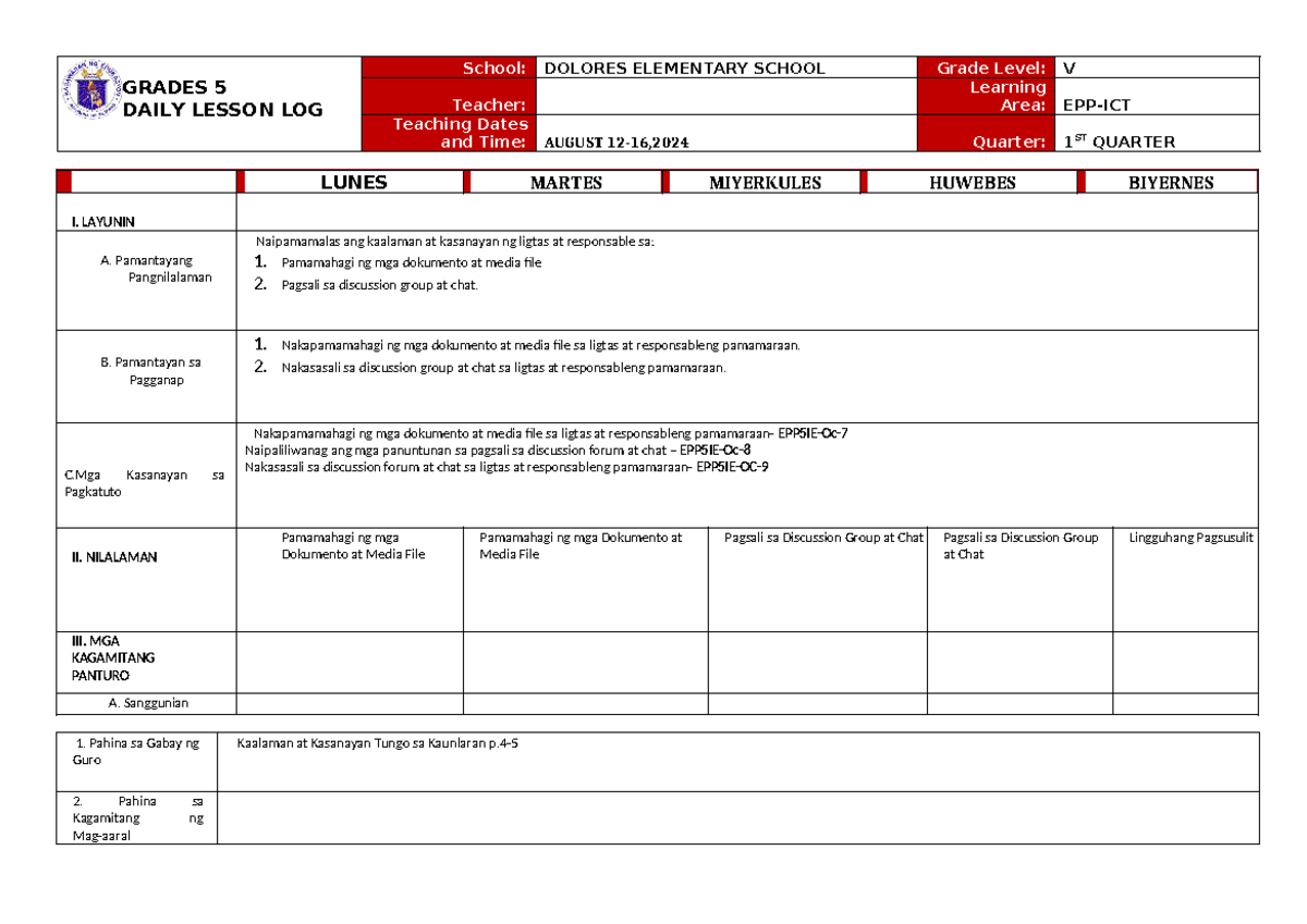 EPP5 Daily Lesson Log for ICT: Safe Document Sharing & Communication ...