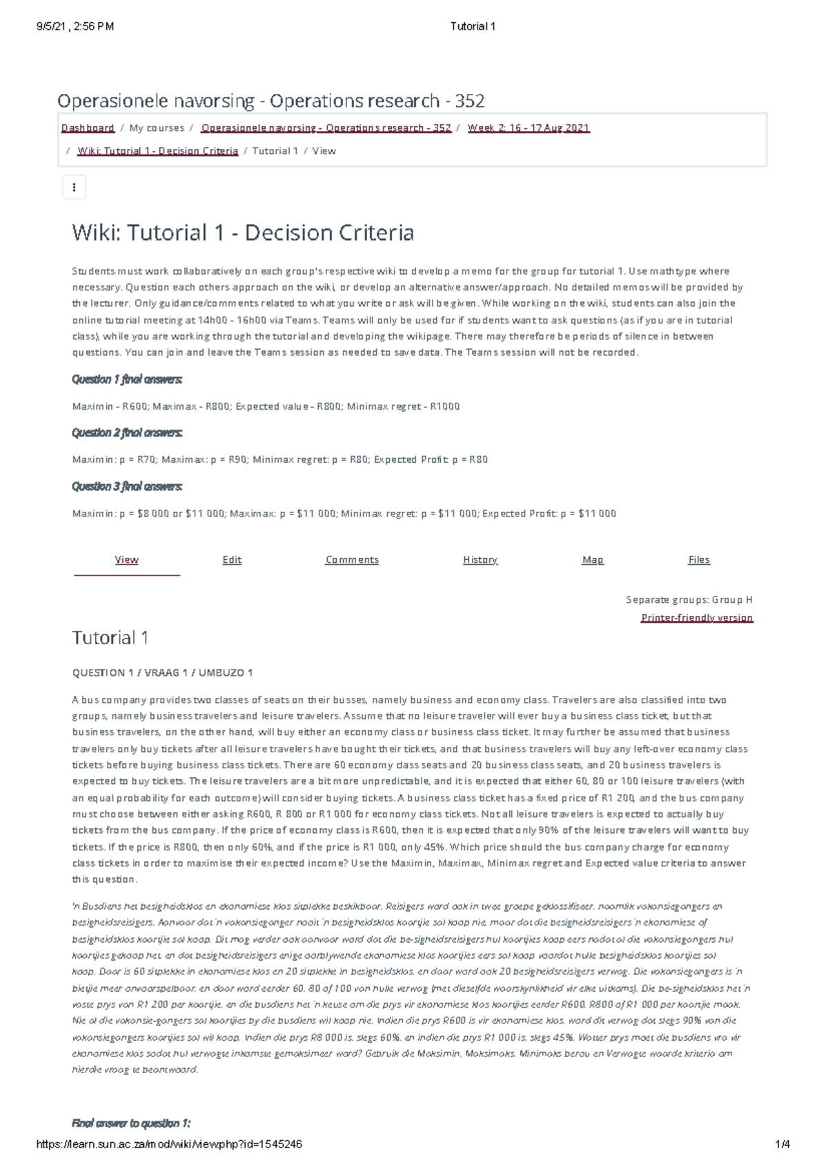Operations Research - 352: Tutorial 1 Decision Criteria Analysis - Studocu