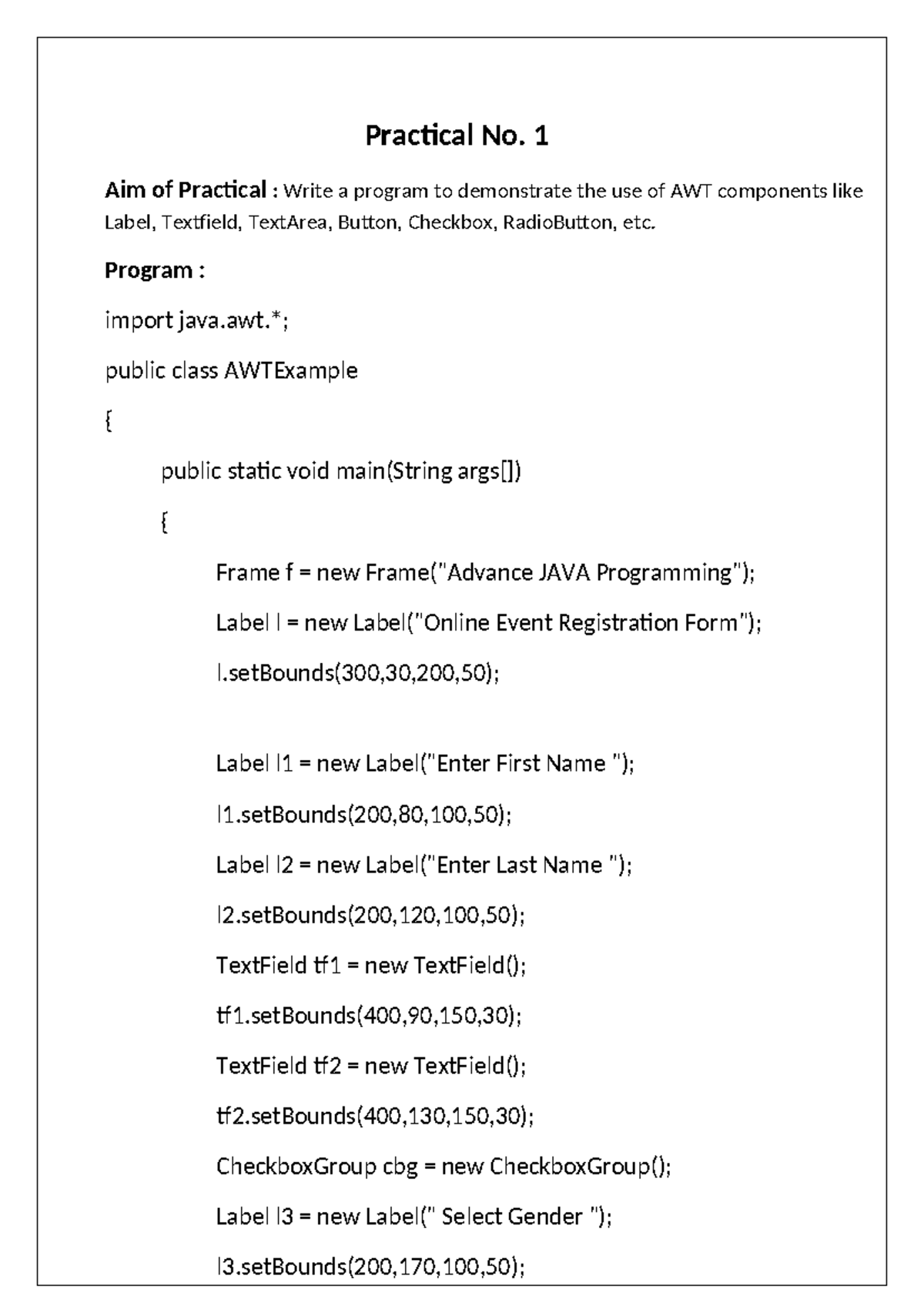 Advance Java Practical Exercises: AWT Components and GUI Design - Studocu