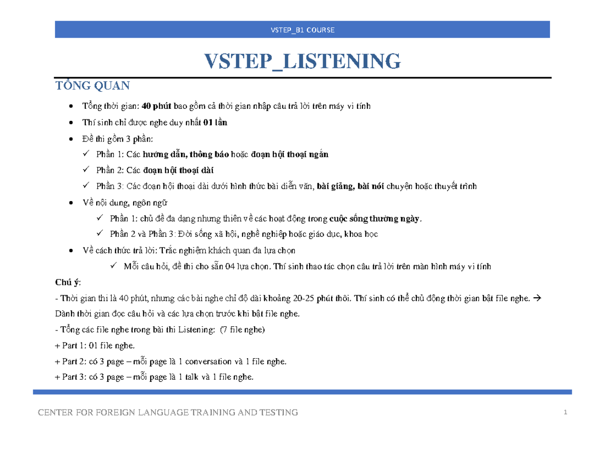 VSTEP Listening B1 - Overview & Key Details for Exam Preparation - Studocu
