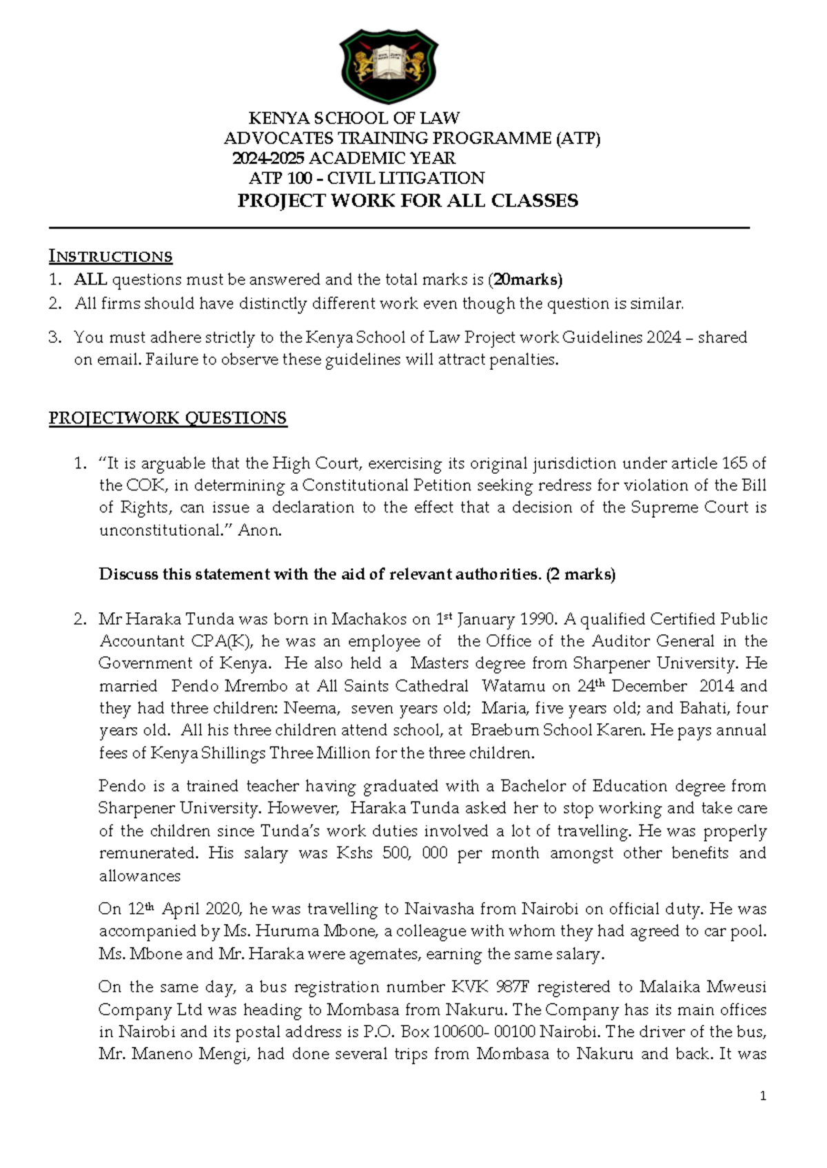 ATP 100 Civil Litigation Project Work Instructions 2024 for All Classes ...