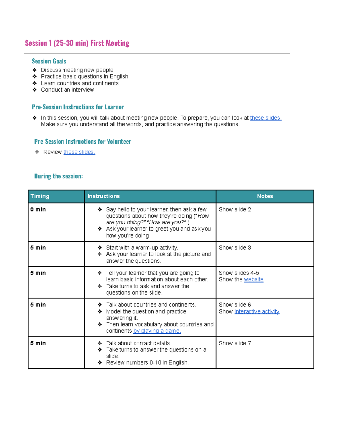 Session 1: First Meeting Goals & Activities for English Learners - Studocu