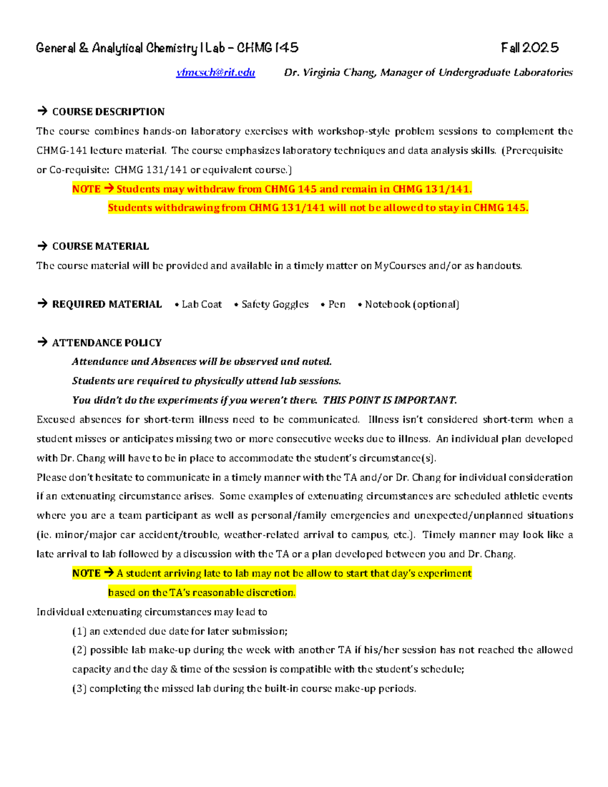 Fall 2025 CHMG 145 General Analytical Chemistry I Lab Syllabus - Studocu